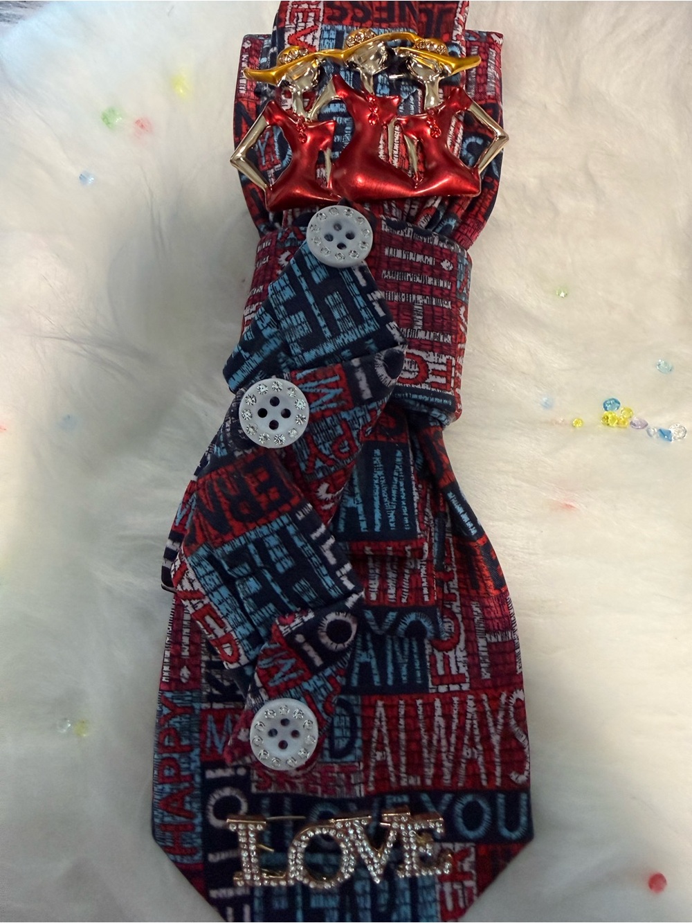 Red and Blue Graphic Necktie with 'LOVE' Crystal Accent